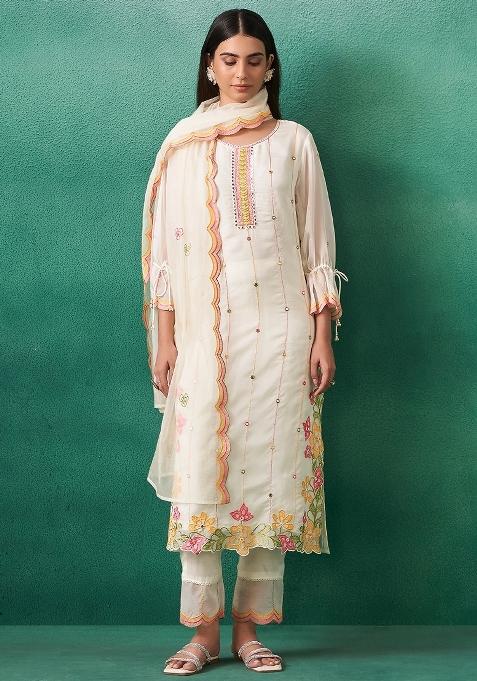 White Embroidered Organza Kurta Set