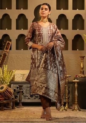 Brown Woven Design Silk Kurta Set