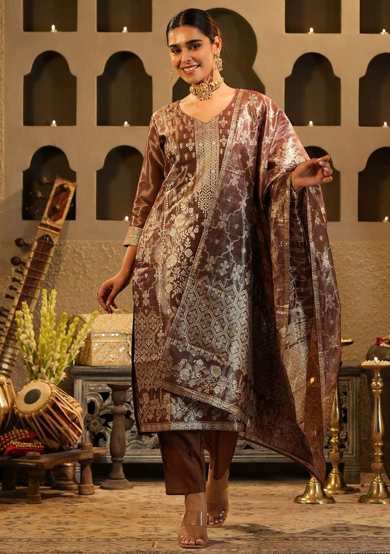 Brown Woven Design Silk Kurta Set - Indya