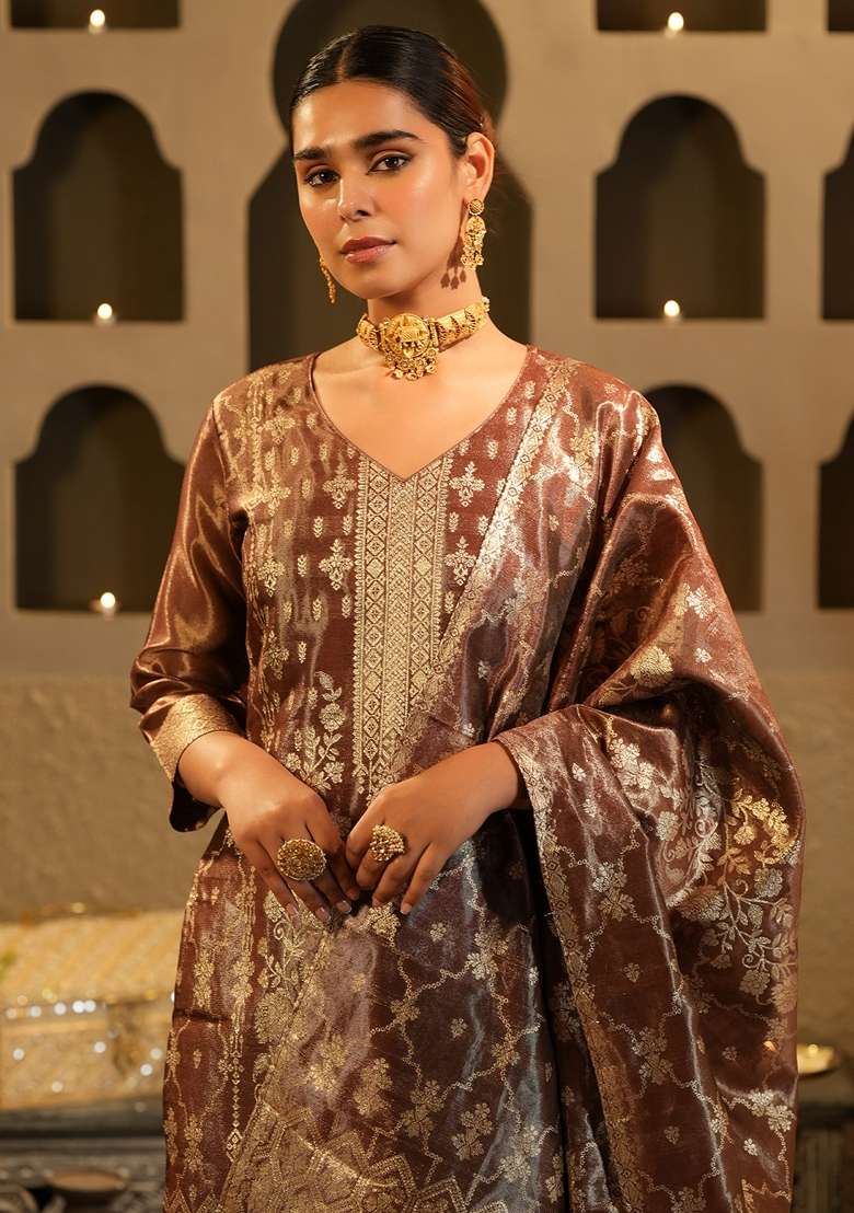 Brown Woven Design Silk Kurta Set - Indya