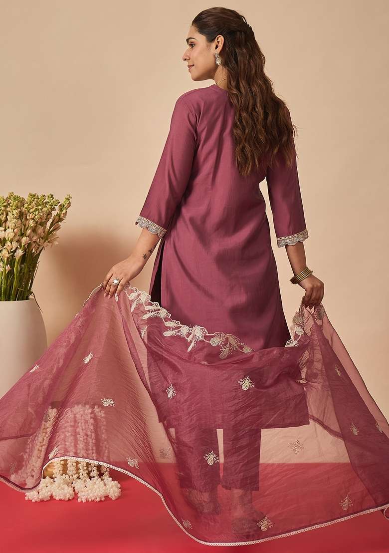 Mauve Embroidered Silk Kurta Set - Indya