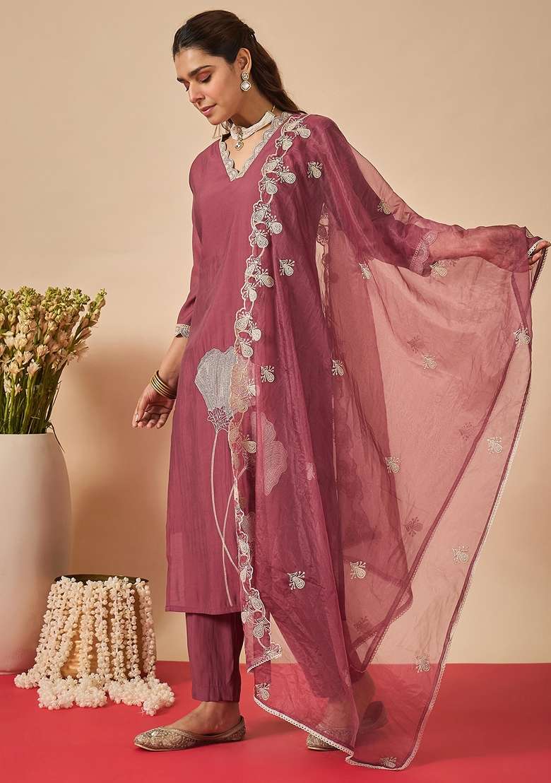 Mauve Embroidered Silk Kurta Set - Indya