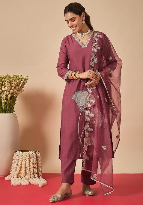 Mauve Embroidered Silk Kurta Set