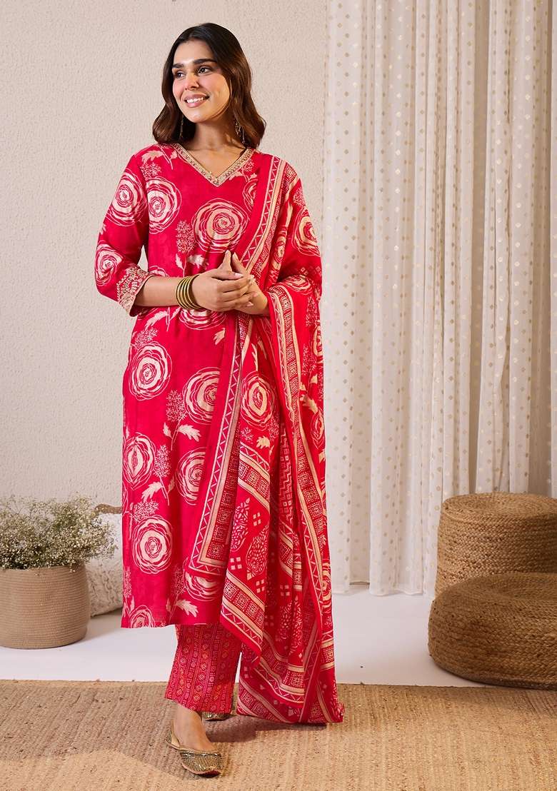 Pink Printed Chanderi Kurta Set - Indya