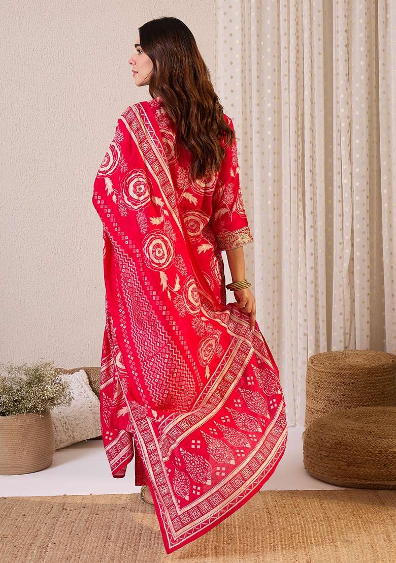 Pink Printed Chanderi Kurta Set - Indya