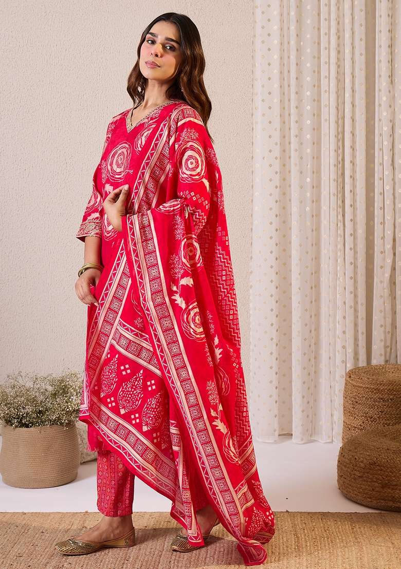 Pink Printed Chanderi Kurta Set - Indya