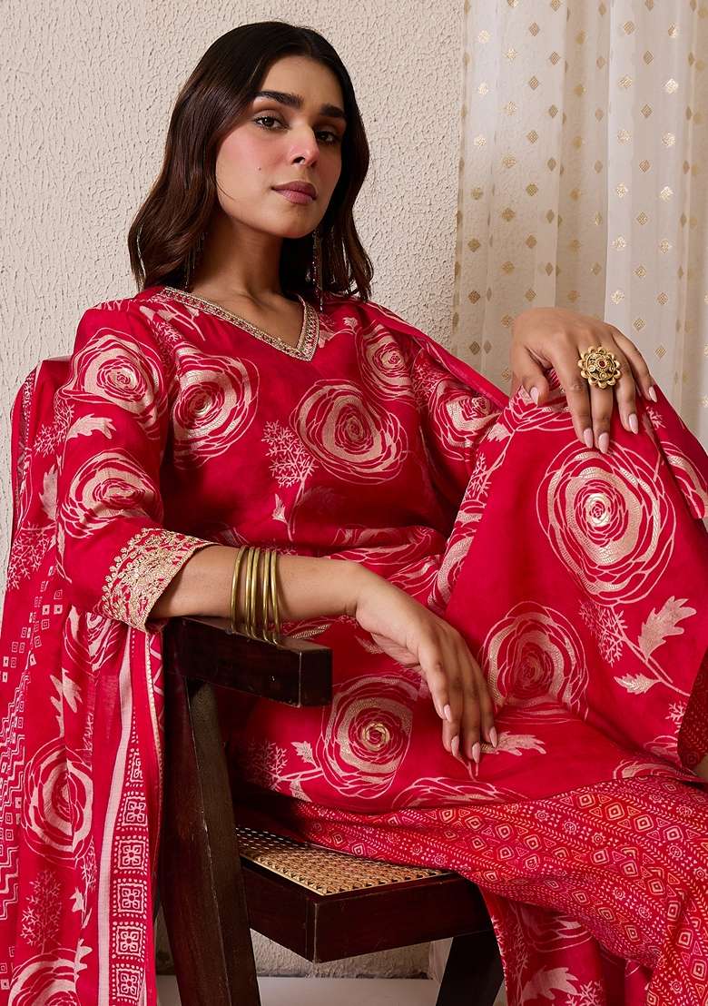 Pink Printed Chanderi Kurta Set - Indya