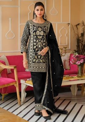 Black Embroidered Silk Kurta Set