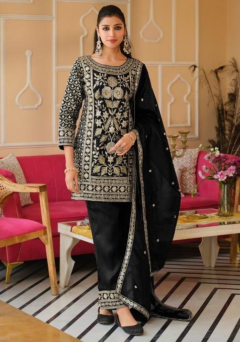 Black Embroidered Silk Kurta Set