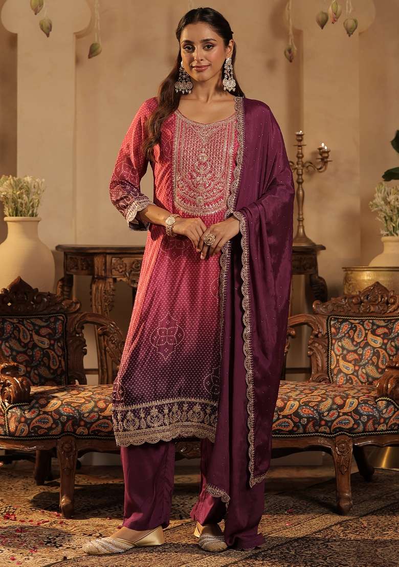 Purple Printed Silk Kurta Set - Indya