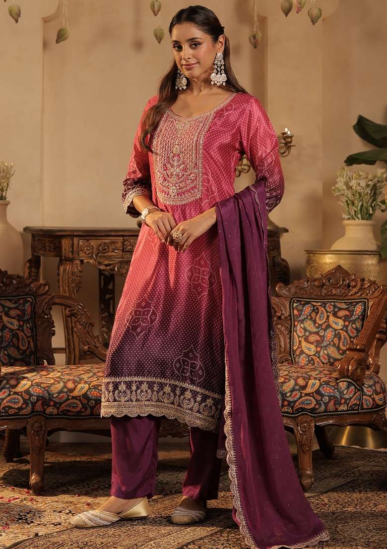 Purple Printed Silk Kurta Set - Indya