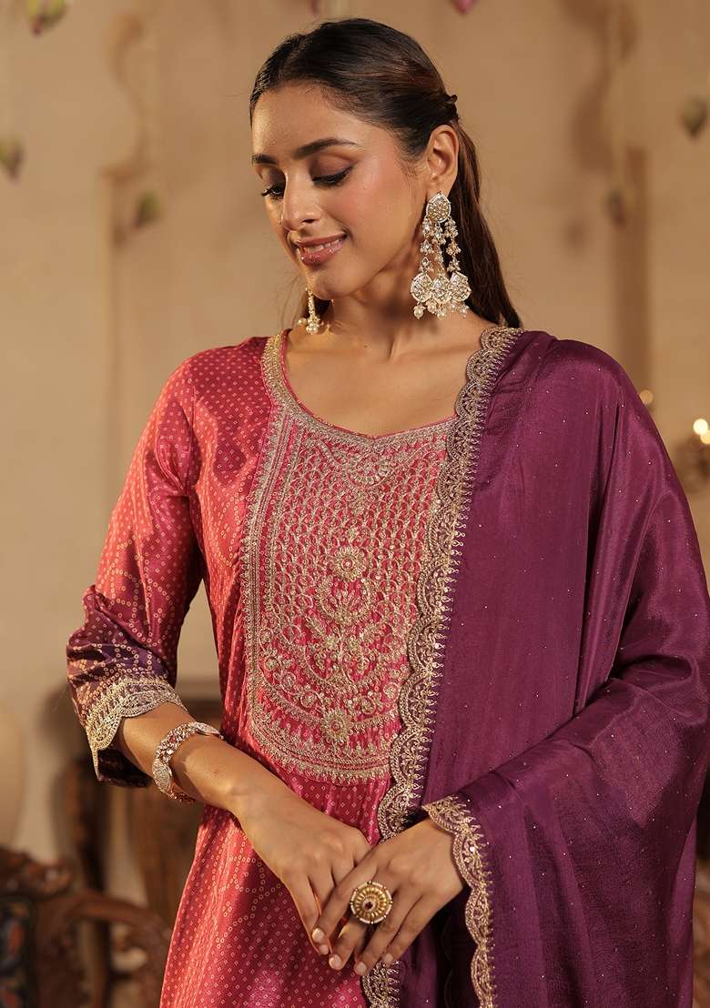 Purple Printed Silk Kurta Set - Indya