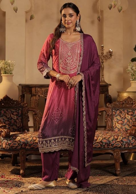 Purple Printed Silk Kurta Set