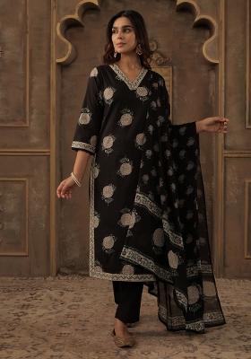 Black Printed Cotton Kurta Set