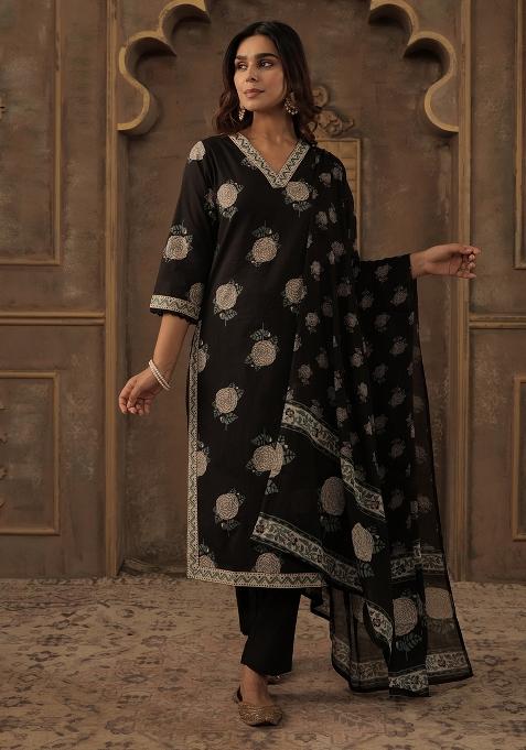 Black Printed Cotton Kurta Set