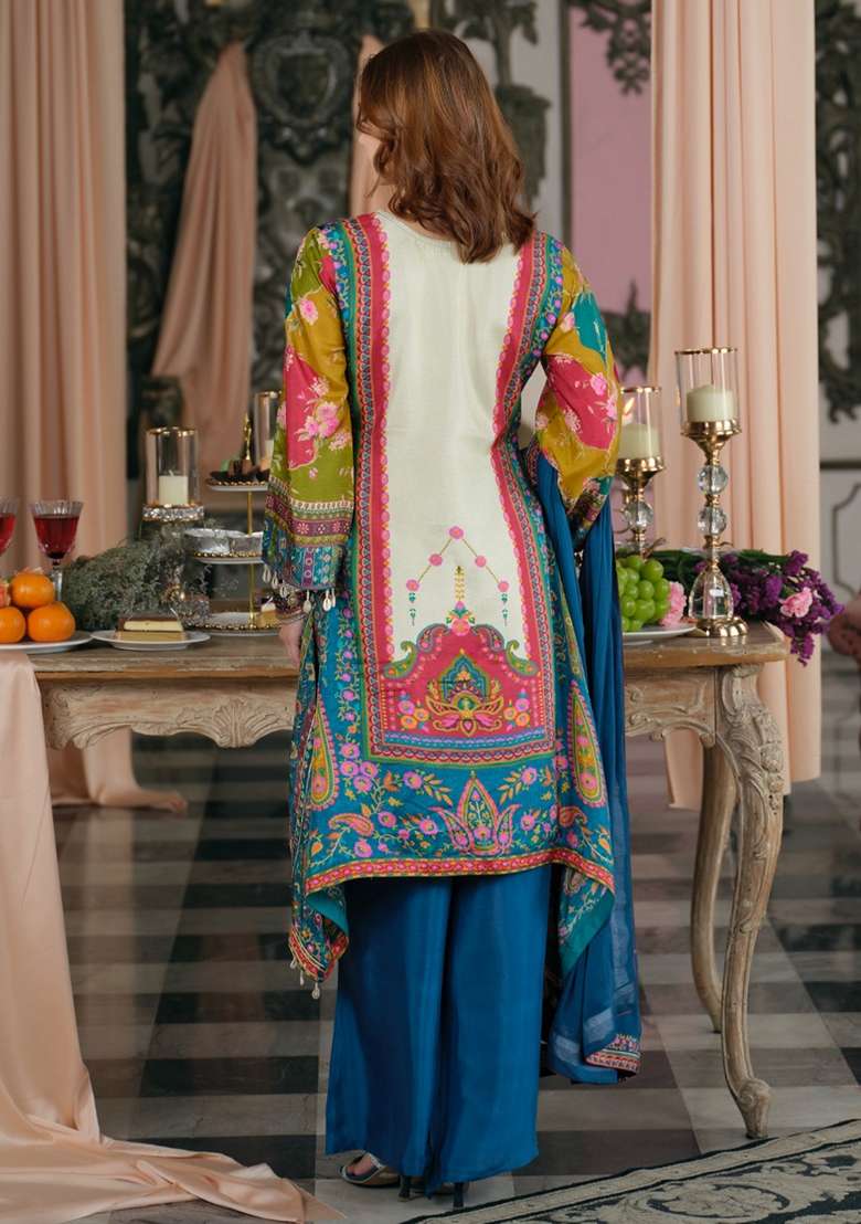 Multicolor Printed Silk Kurta Set - Indya