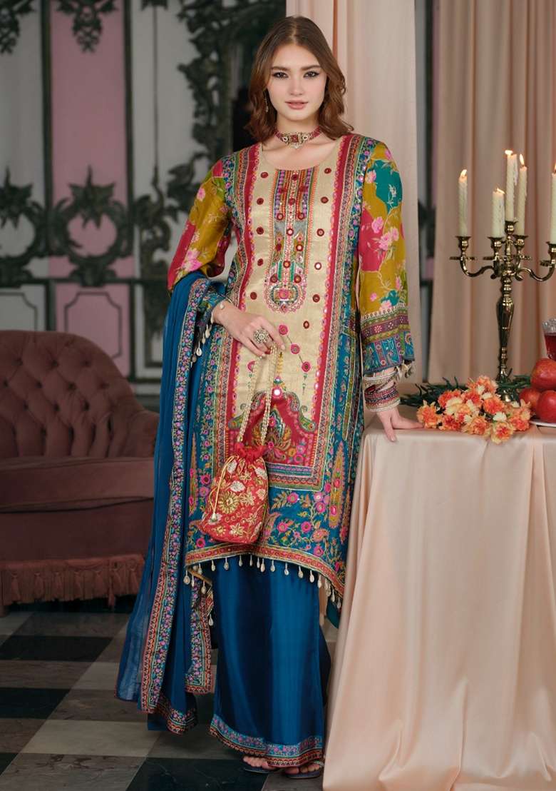Multicolor Printed Silk Kurta Set - Indya