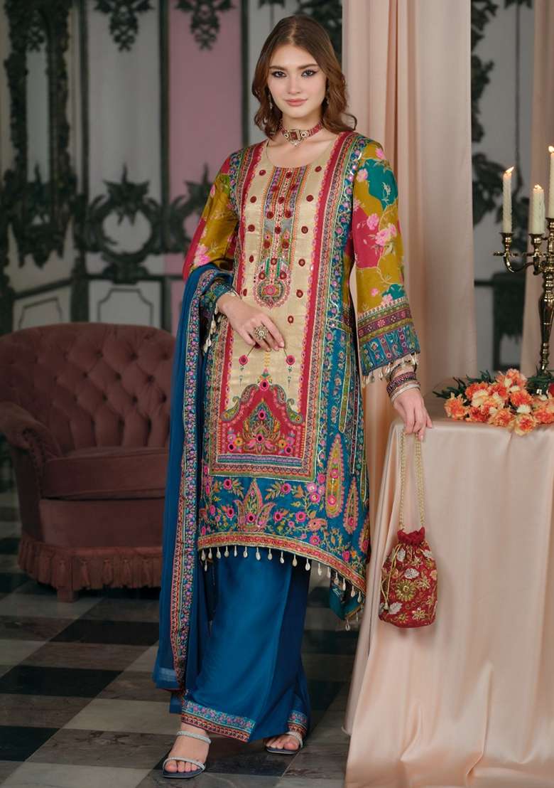 Multicolor Printed Silk Kurta Set - Indya