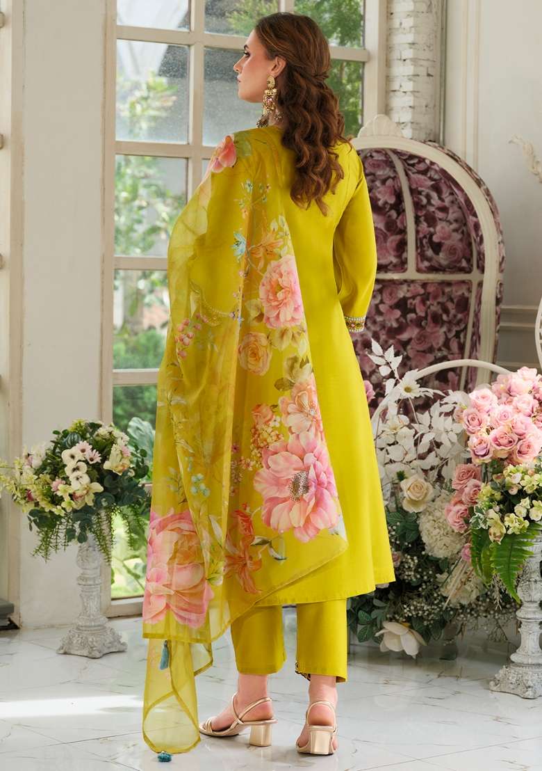 Mustard Embroidered Cotton Kurta Set - Indya