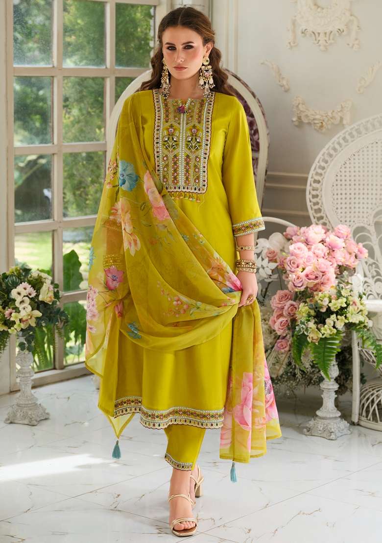 Mustard Embroidered Cotton Kurta Set - Indya
