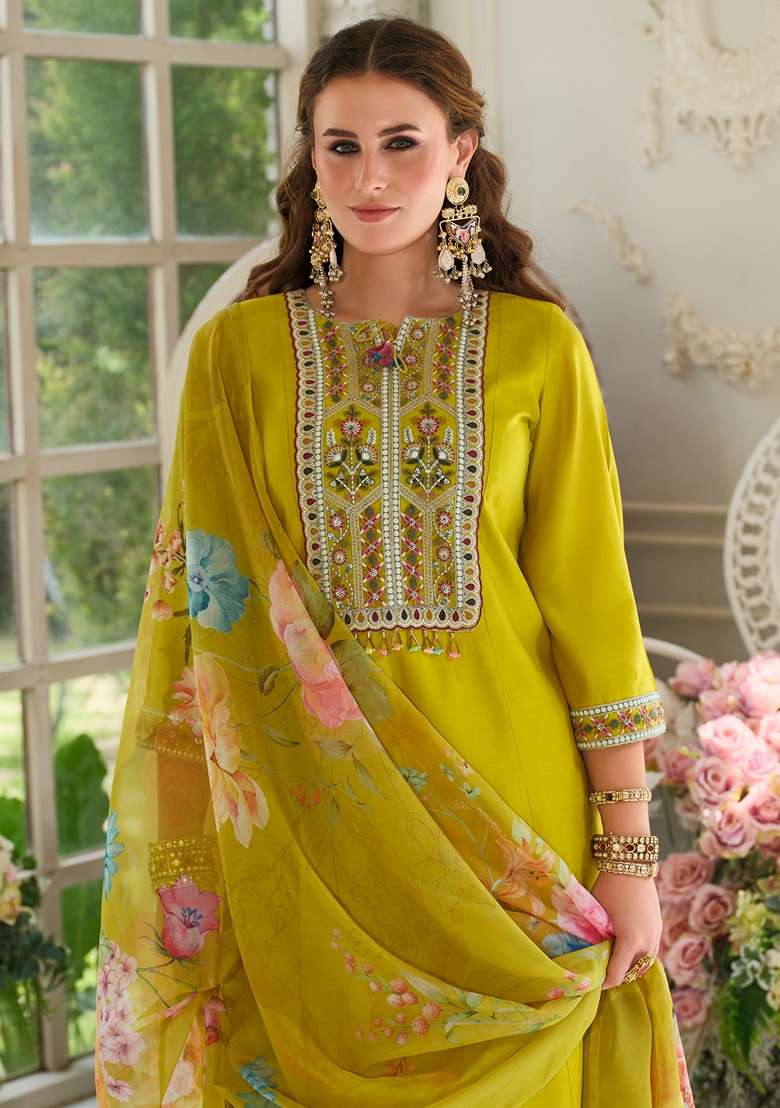 Mustard Embroidered Cotton Kurta Set - Indya