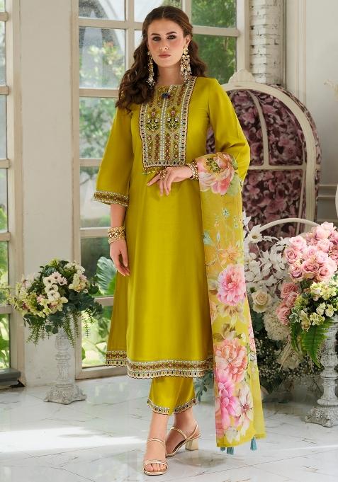 Mustard Embroidered Cotton Kurta Set