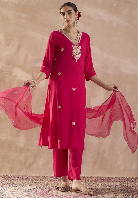 Pink Embroidered Silk Kurta Set