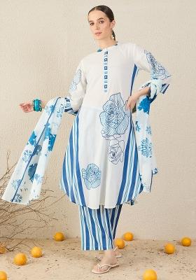 White Printed Cotton Kurta Set