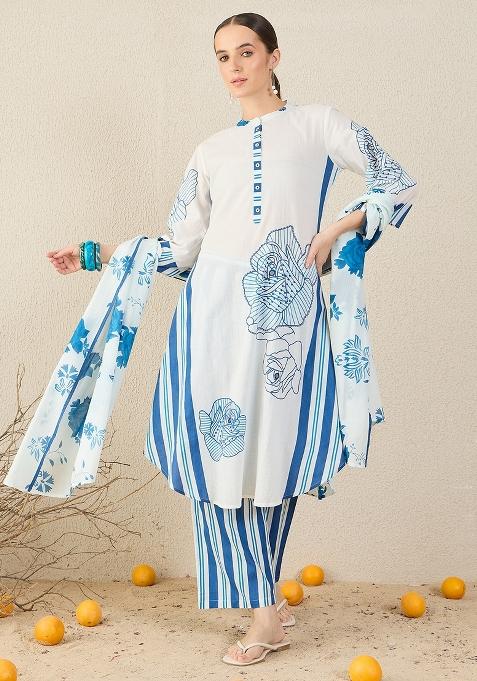 White Printed Cotton Kurta Set