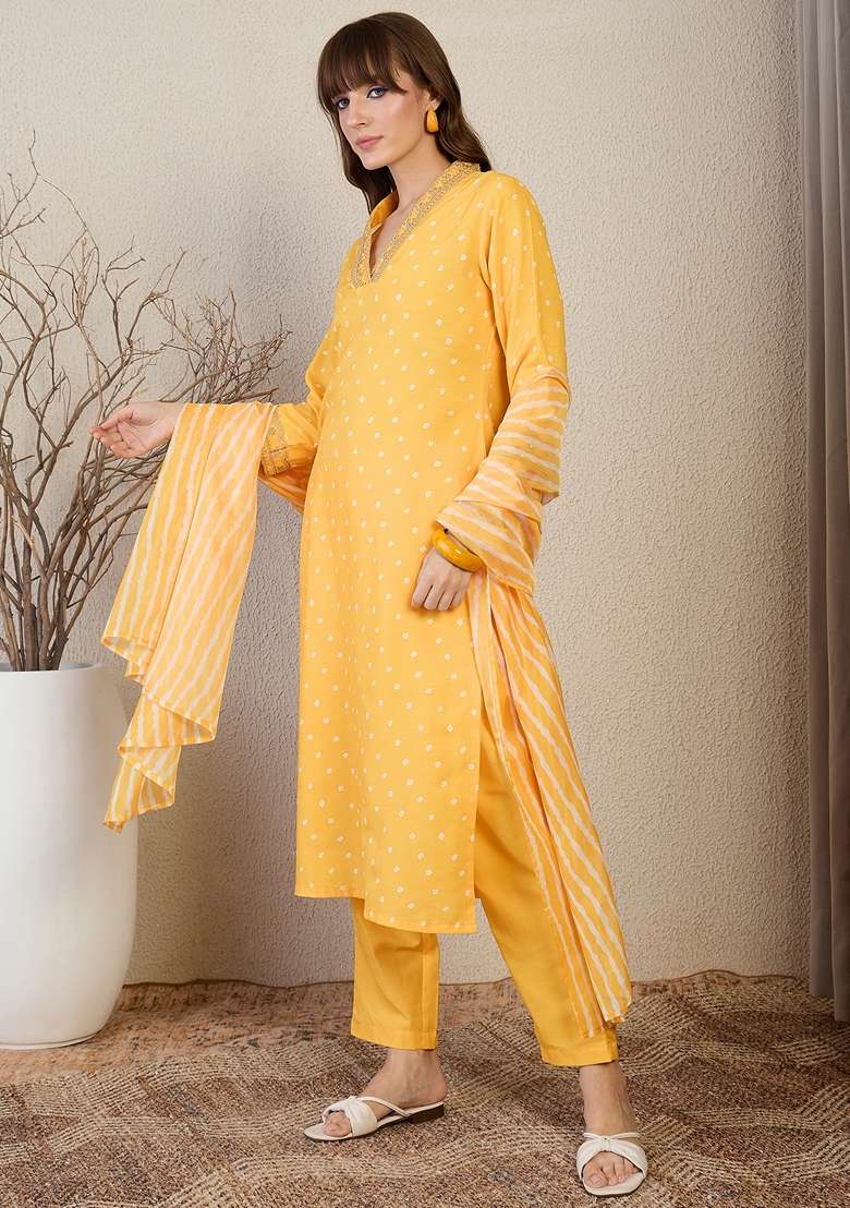 Yellow Printed Cotton Kurta Set - Indya