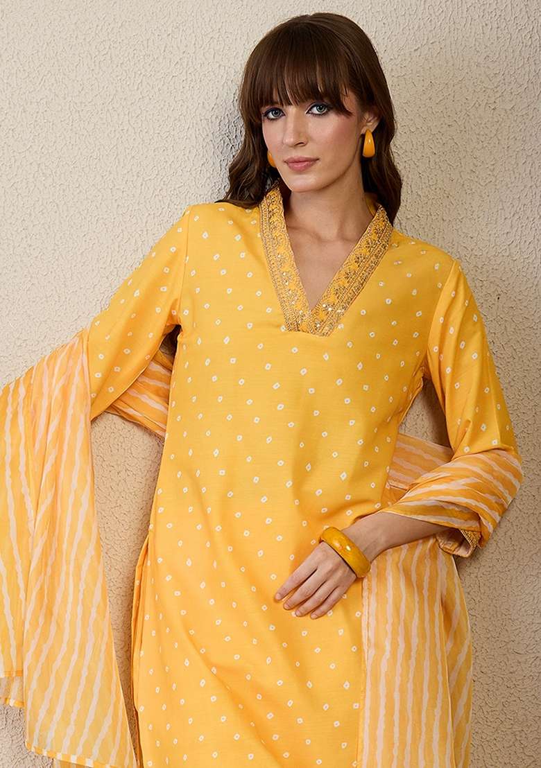 Yellow Printed Cotton Kurta Set - Indya