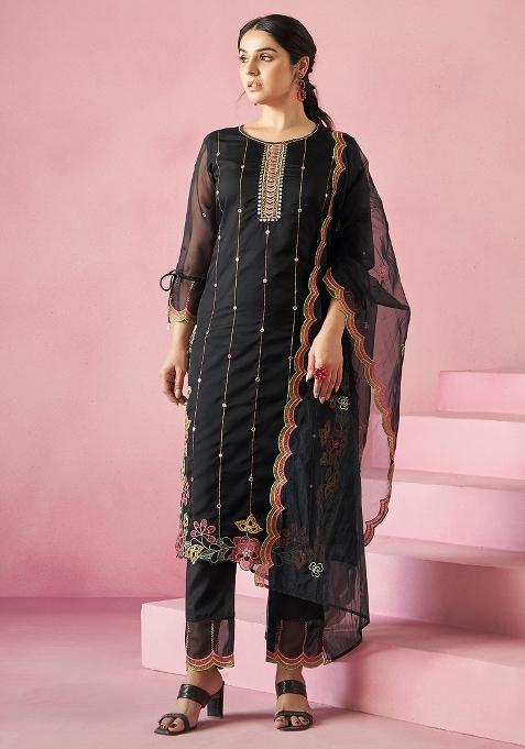 Black Embroidered Organza Kurta Set