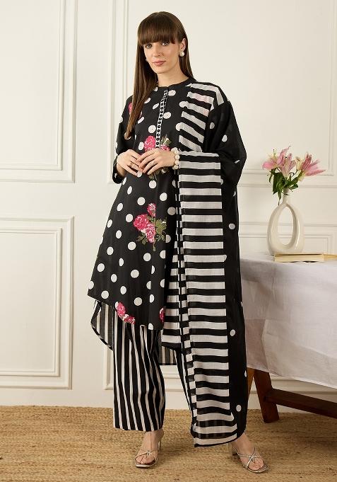 Black Printed Cotton Kurta Set