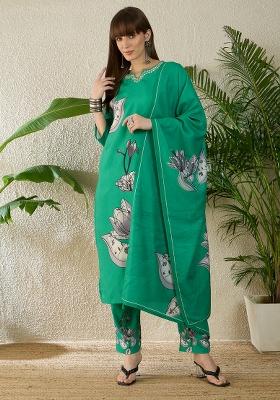Sea Green Printed Viscose Kurta Set