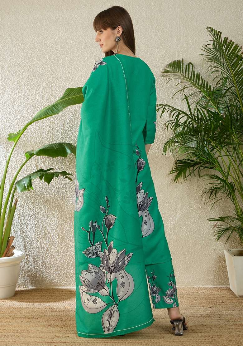 Sea Green Printed Viscose Kurta Set - Indya