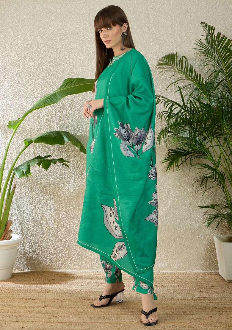 Sea Green Printed Viscose Kurta Set - Indya