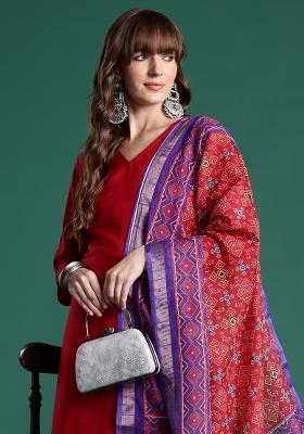Red Solid Cotton Kurta Set