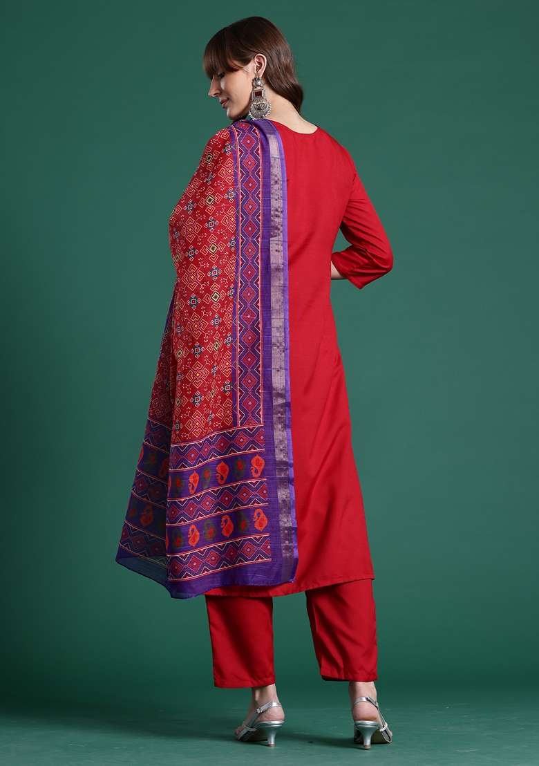 Red Solid Cotton Kurta Set - Indya
