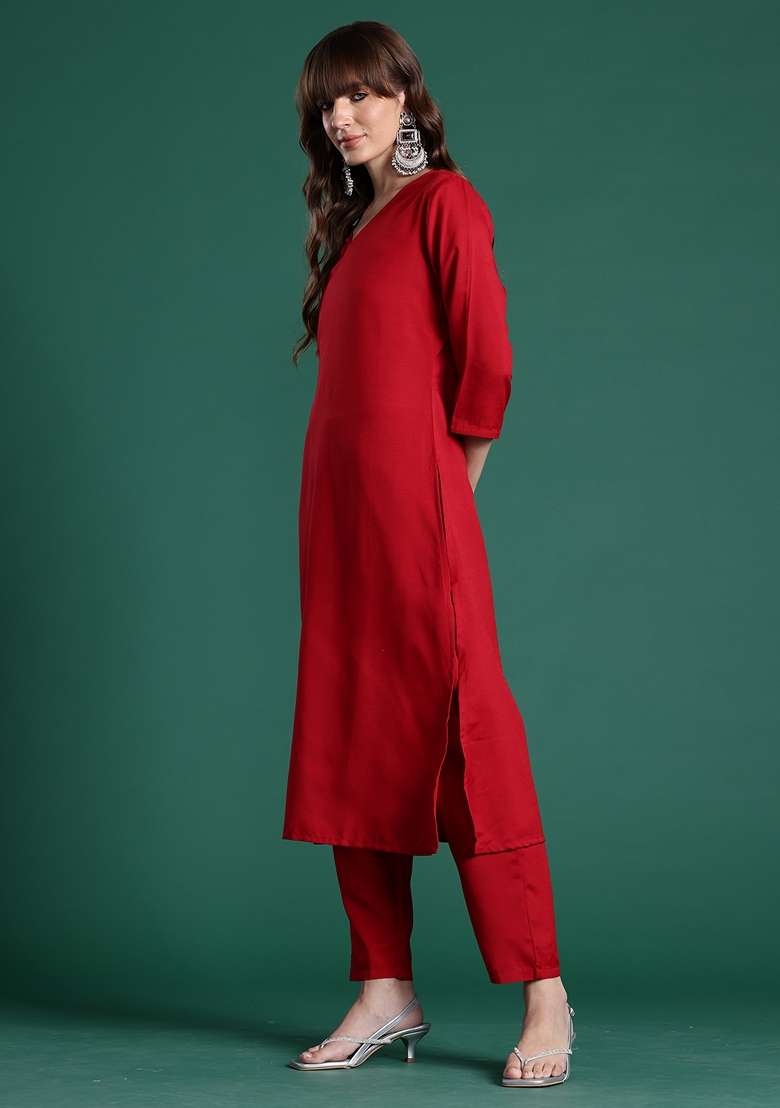 Red Solid Cotton Kurta Set - Indya