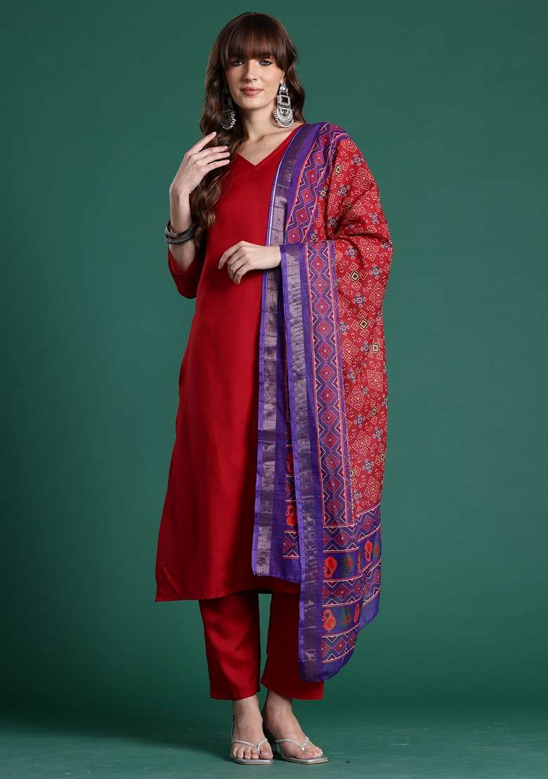 Red Solid Cotton Kurta Set - Indya