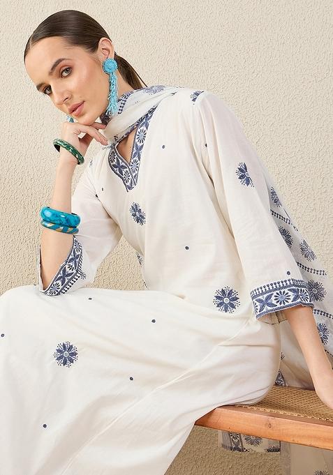 White Embroidered Cotton Kurta Set