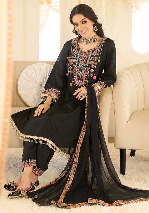 Black Embroidered Organza Kurta Set