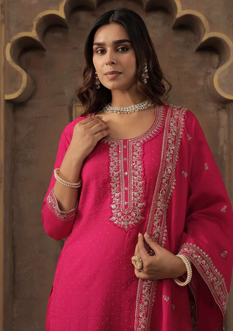 Pink Embroidered Chanderi Kurta Set - Indya
