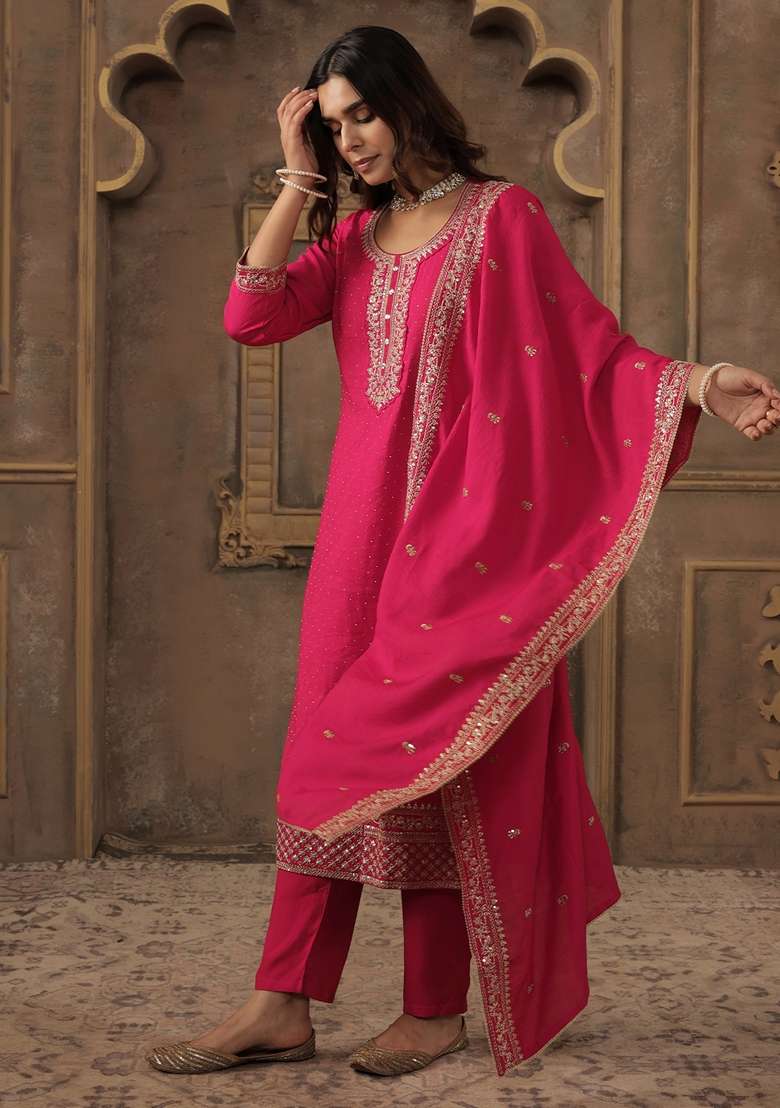 Pink Embroidered Chanderi Kurta Set - Indya