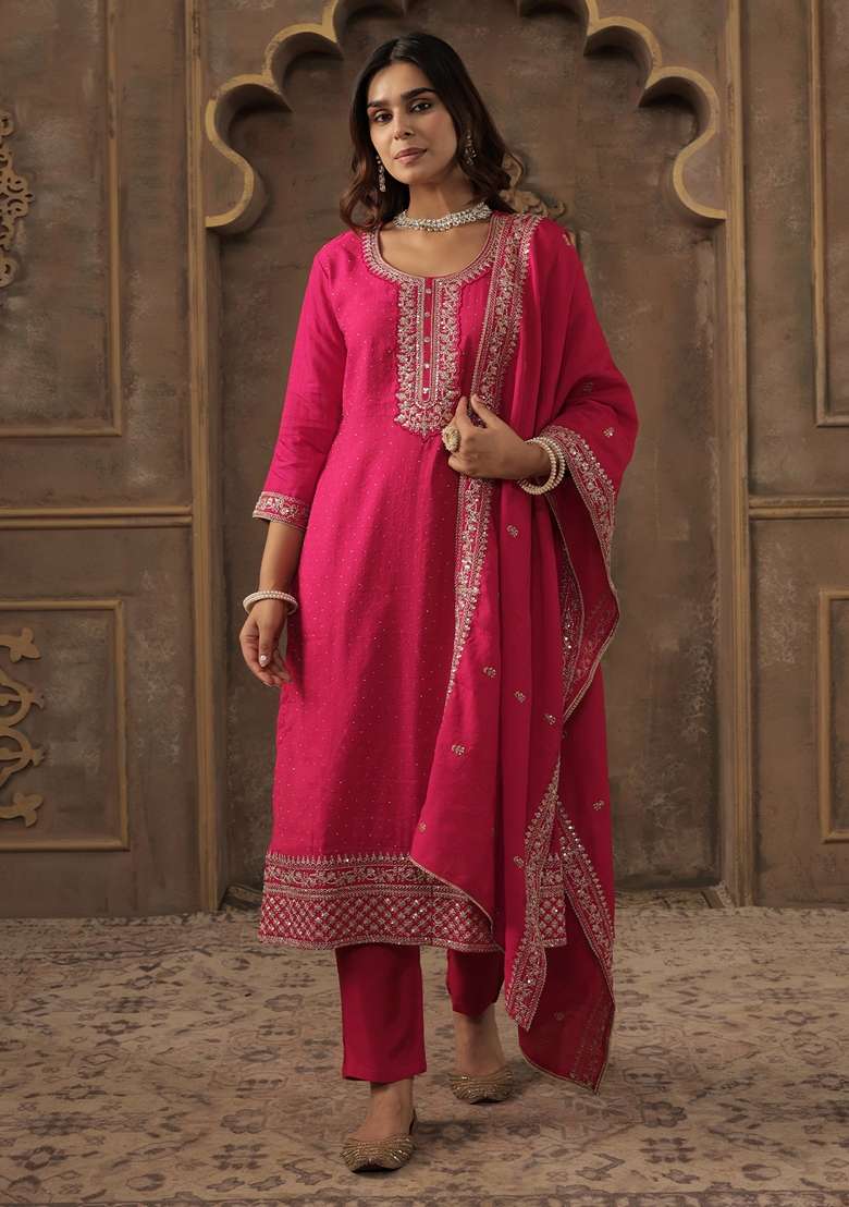 Pink Embroidered Chanderi Kurta Set - Indya