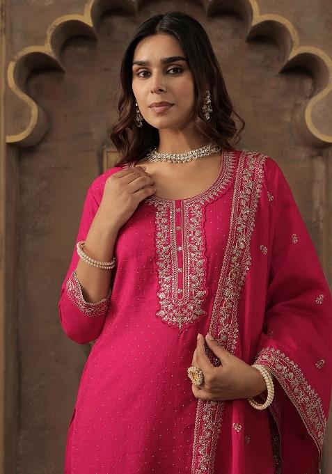 Pink Embroidered Chanderi Kurta Set