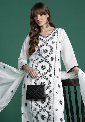 White Embroidered Silk Kurta Set