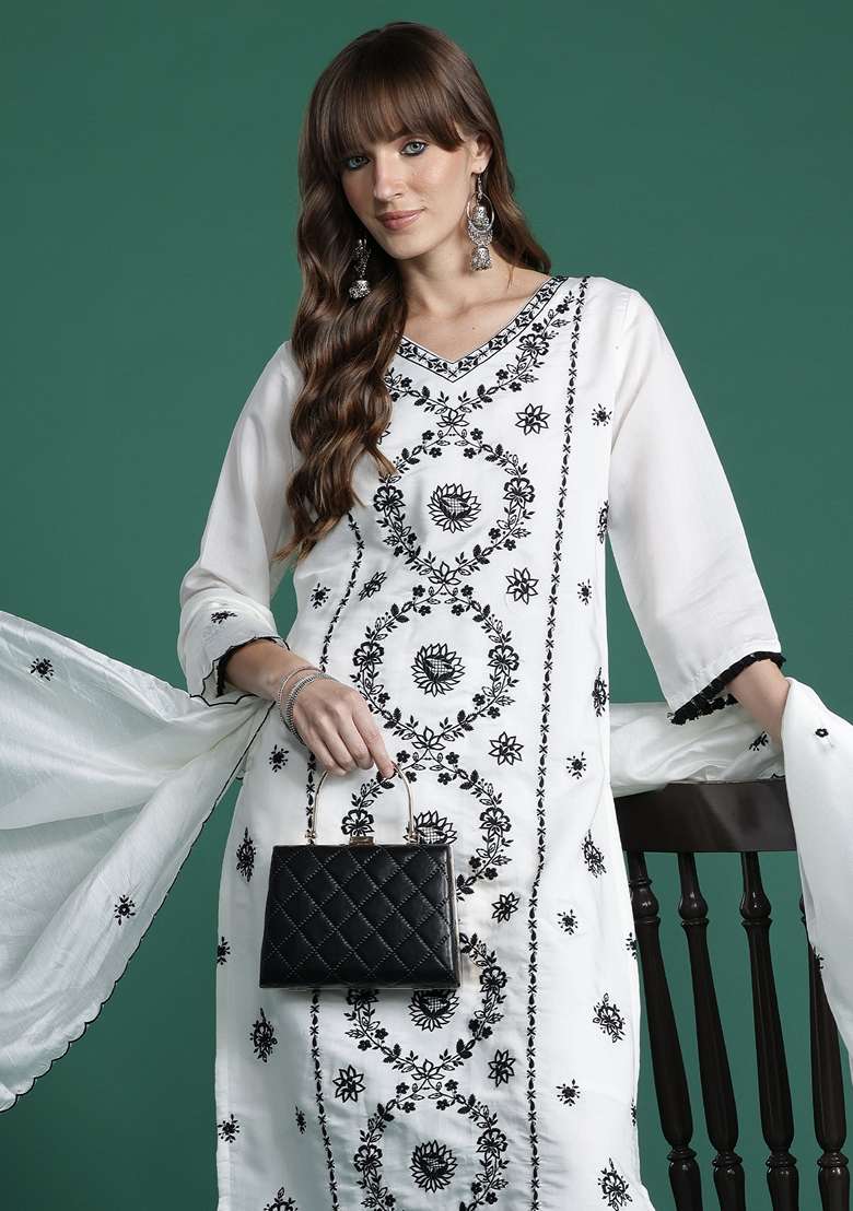 White Embroidered Silk Kurta Set - Indya
