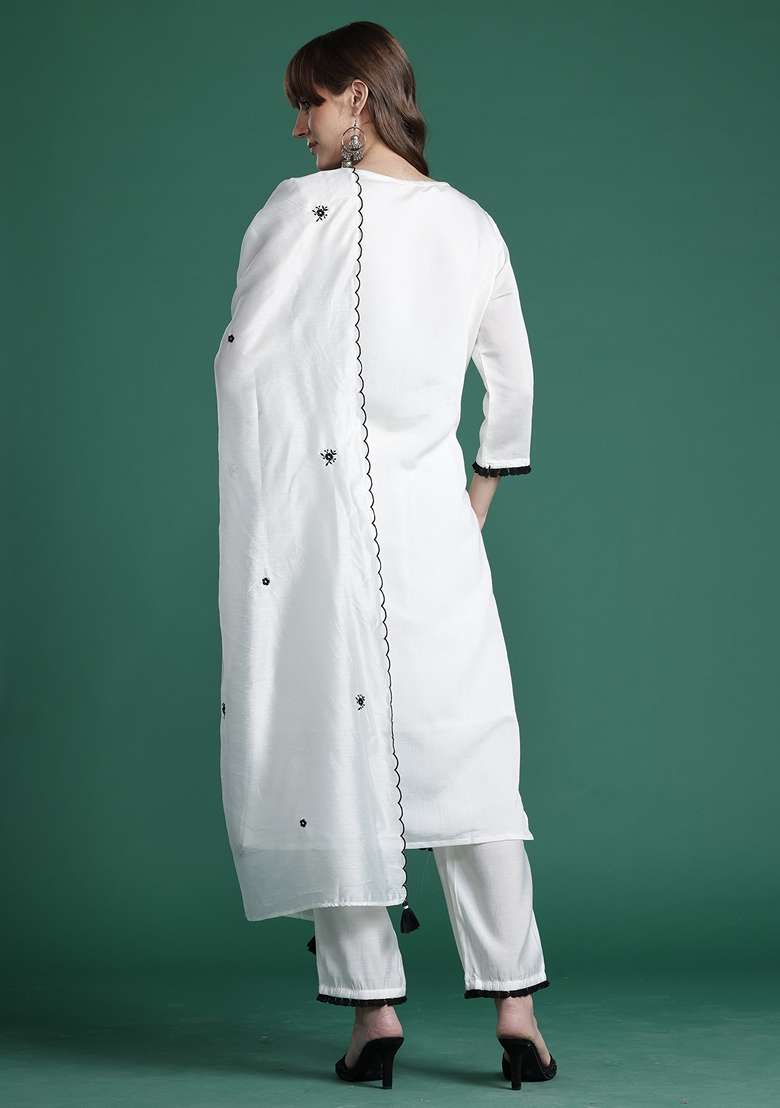 White Embroidered Silk Kurta Set - Indya