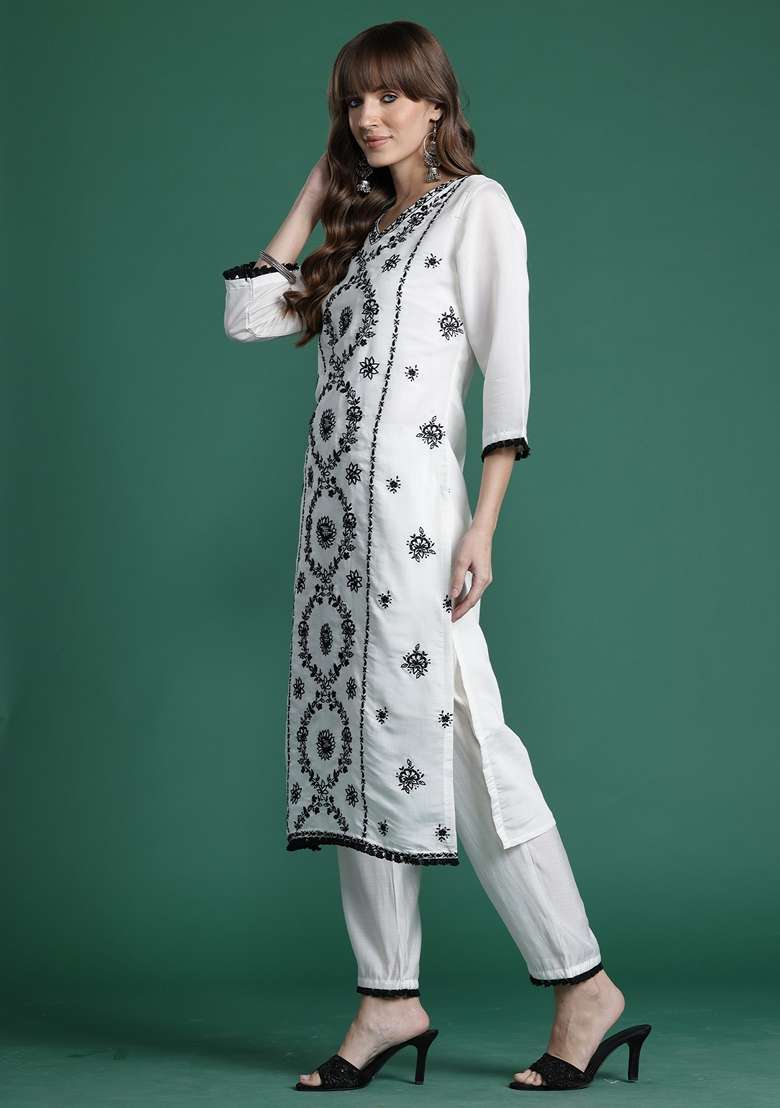 White Embroidered Silk Kurta Set - Indya
